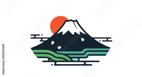 Mount Fuji Minimalist Illustration with Rising Sun and Abstract Water Elements