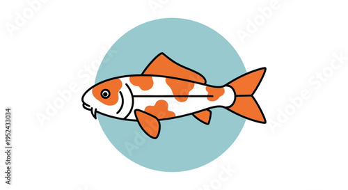 Orange and White Koi Fish Swimming in Blue Circle - Vector Illustration