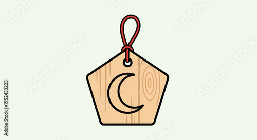 Wooden Amulet with Crescent Moon Symbol, Hanging Charm with Red String