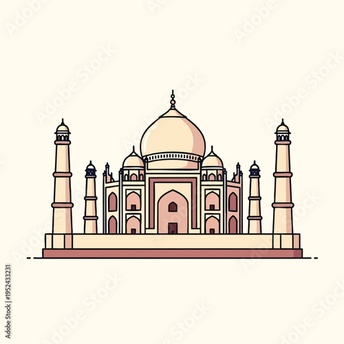 A vector illustration of a famous monument featuring a central dome, minarets, and symmetrical design with pastel tones