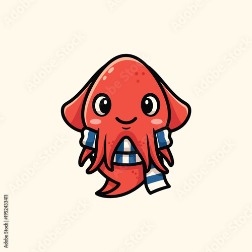 A cartoon-style illustration of a red, smiling sea creature with large eyes and tentacles. It wears a striped scarf. The background is cream