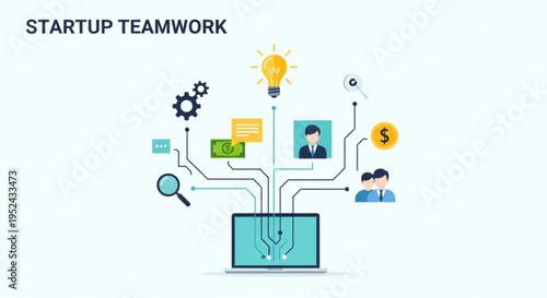 Startup teamwork concept with laptop and business icons representing collaboration and innovation in entrepreneurship