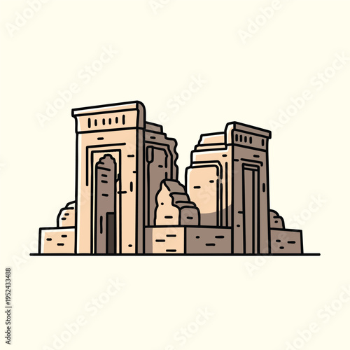A cartoon architectural illustration, portraying a weathered stone temple structure. It's in a monochromatic palette with heavy outlines