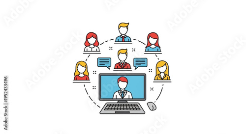 Remote team collaboration concept with people communicating online through a laptop