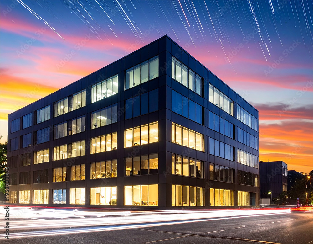 Fototapeta premium Dark modern office building with star trails and vibrant sunset modern architecture