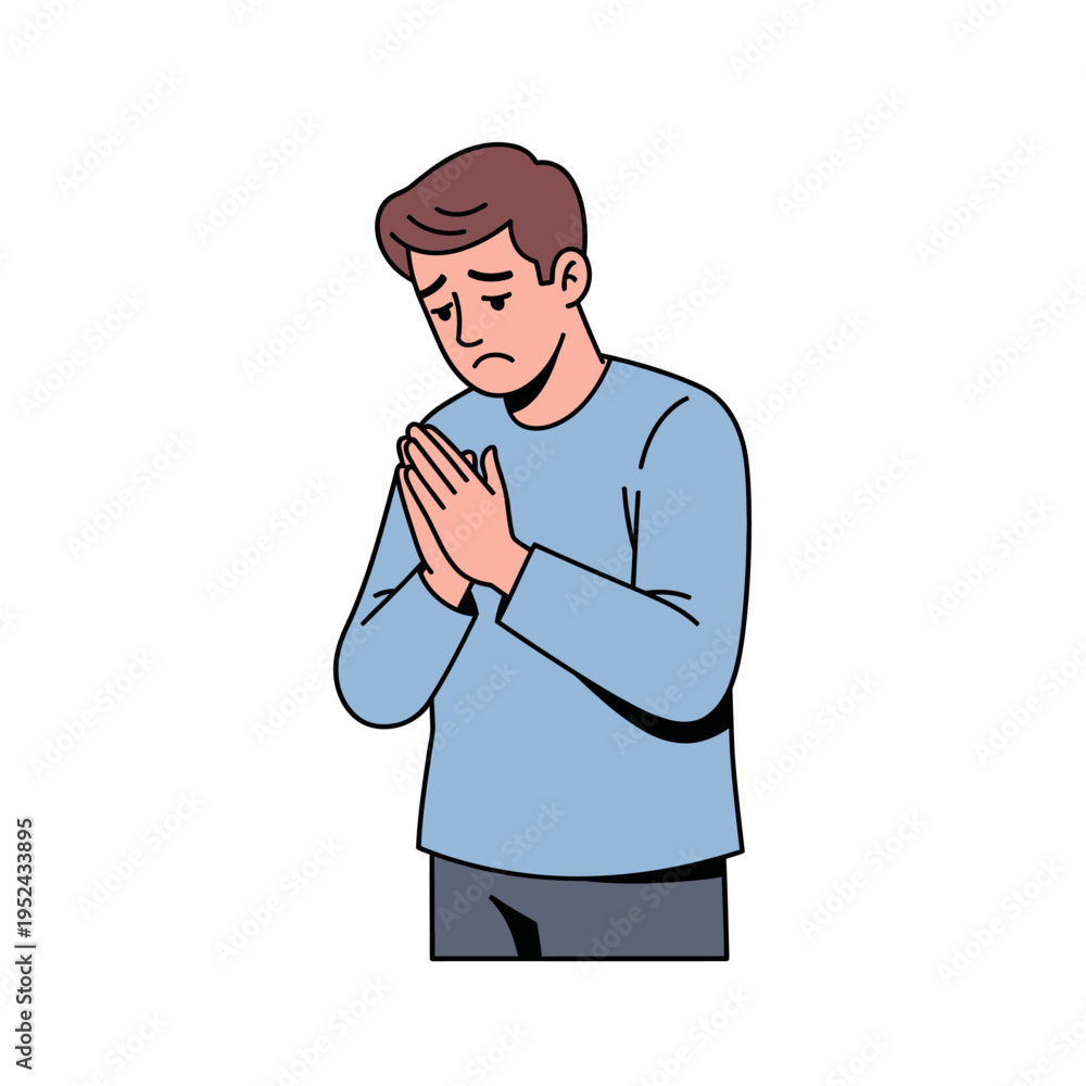 Obraz premium Sad man praying, pleading, hoping, with hands clasped, isolated on white background.