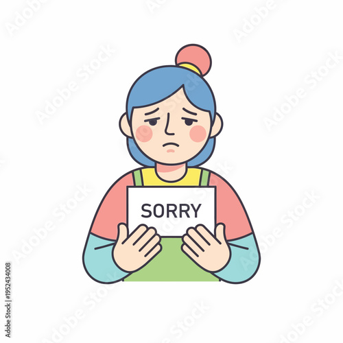 Sad Woman Holding "SORRY" Sign, Apology Illustration