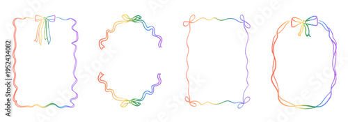 Set of whimsical hand-drawn rainbow gradient frames with curly ribbons, bows, and scalloped edges. Decorative colorful borders with sketchy wavy lines and doodle squiggles. Vector illustration.