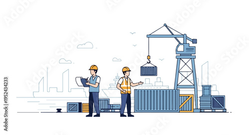 A minimal flat vector artwork depicting dock workers verifying cargo and documents at the harbor, with simple characters, a modern logistics concept, a clean vector style, and a white background.