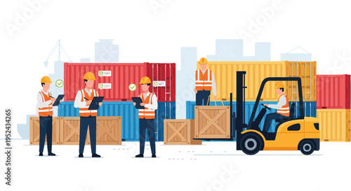 A flat minimalist vector image showing port workers checking shipments and paperwork, using simple character designs, a modern logistics theme, clean lines, flat colors, and a white background.