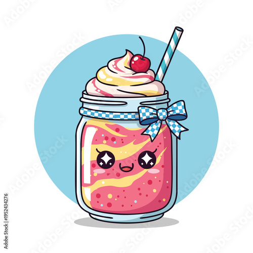 A cartoon milkshake in a mason jar, with whipped cream, cherry, and a striped straw, resting in a blue circle and a cute bow