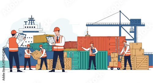 A minimal flat vector illustration of dock workers inspecting cargo and reviewing documents at a port, featuring simple characters, a modern logistics concept, clean flat vector styling