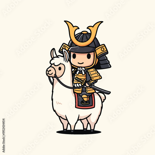 A cartoon-style illustration of a cute samurai riding an alpaca. The samurai is wearing traditional armor and a helmet, a katana