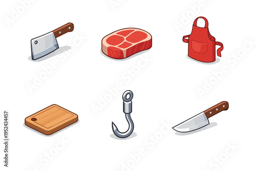 Set of butcher shop icons featuring cleaver, raw meat steak, red apron, wooden cutting board, metal hook, and kitchen knife on white background