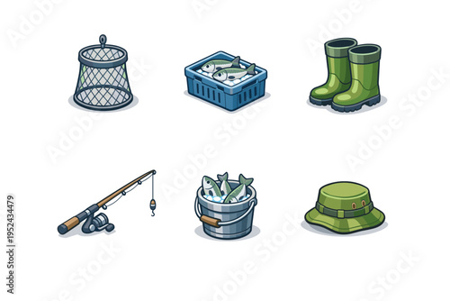 Fishing gear illustration set with landing net, fish crate, rubber boots, rod and reel, bucket of caught fish, and outdoor hat on white background