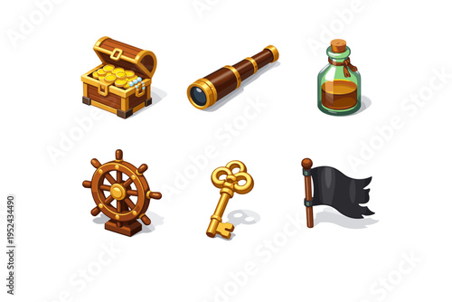 Set of pirate adventure icons featuring treasure chest with gold coins, spyglass telescope, potion bottle, ship wheel helm, golden key, and black flag