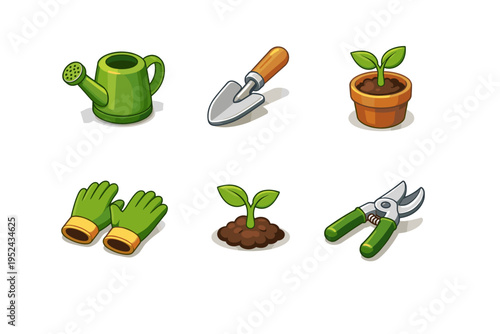 Illustrated gardening tools set with watering can, hand trowel, potted seedling, gloves, sprout in soil, and pruning shears on white