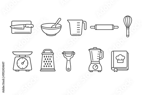 Minimal line icons of kitchen tools and baking equipment including mixer, bowl, measuring cup, rolling pin, whisk, scale, grater, peeler, blender, cookbook