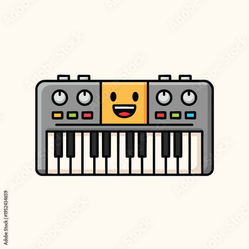 A cartoon-style depiction of a synthesizer, with keys, knobs, and a smiling face. It has a geometric design and is set against a simple, light background