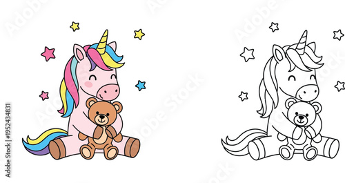 Cute Kawaii Unicorn Cuddling Teddy Bear Vector Illustration with Stars and Rainbow Mane, Coloring Page and Color Set for Kids Activities and Educational Materials