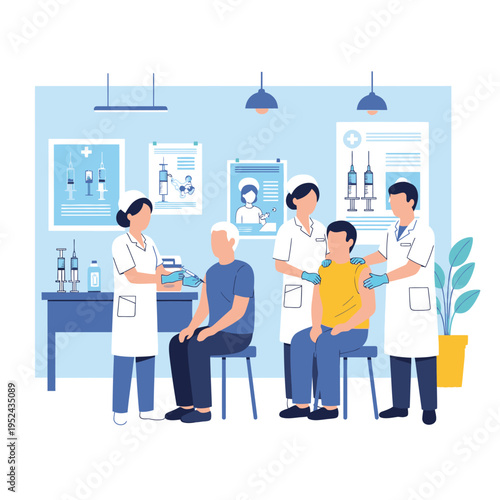 Medical professionals administering vaccinations to patients in a clinic setting.