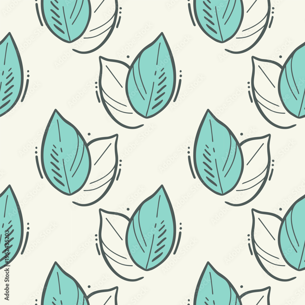 Fototapeta premium pattern with hand-drawn mint green leaves and black line art contours on off-white background, modern minimal botanical vector illustration for textile, wallpaper and eco-friendly branding