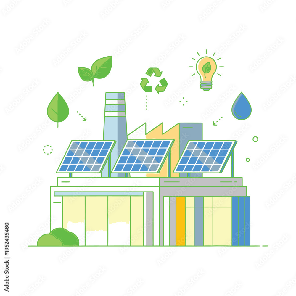 Fototapeta premium Modern Factory with Solar Panels and Green Energy Symbols.