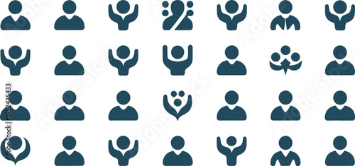 A comprehensive collection of dark blue minimalist vector icons featuring various stylized human figures, representing individuals, users, groups, and community concepts for modern digital design