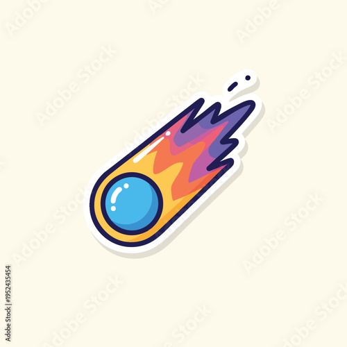 A cartoon image depicting a stylized, colorful celestial body streaking across a cream background with a simple dotted trail