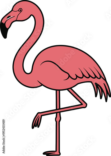 A graceful and minimalist flat vector illustration of a vibrant pink flamingo, depicted standing on one leg with elegant posture, perfect for tropical designs and animal themes