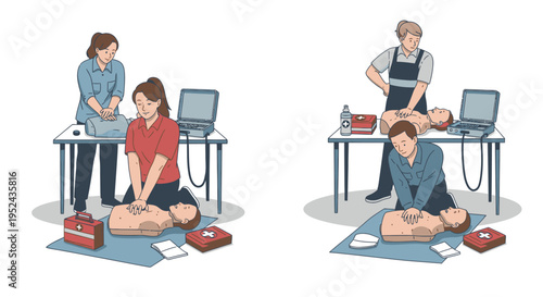 CPR training demonstration with medical equipment and mannequins.