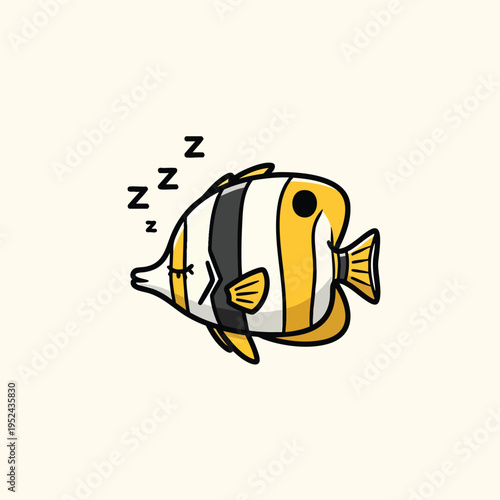 A cartoon illustration of a sleeping, striped fish with yellow and black accents. "Zzz" symbols appear above. The background is a cream color