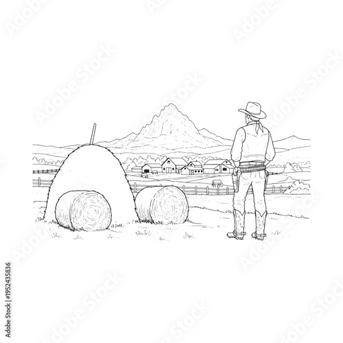 A cowboy stands in a field looking out at a farm