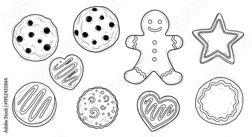 Hand-Drawn Christmas Cookies Collection: Gingerbread, Star, Heart, Round Shapes
