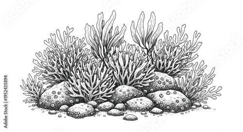 Hand-drawn underwater scene with seaweed and pebbles, black and white sketch