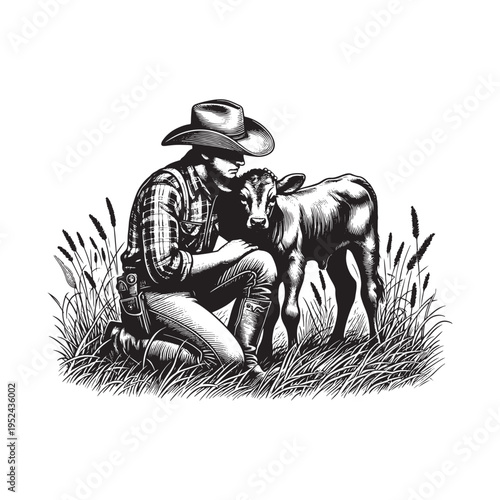 A cowboy kneeling down next to a calf