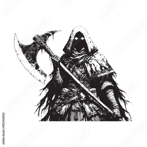 A hooded figure holding a large scythe