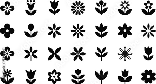 A versatile collection of elegant floral vector icons, perfect for web design, print projects, and nature-themed graphics, showcasing a variety of stylized flower and plant elements