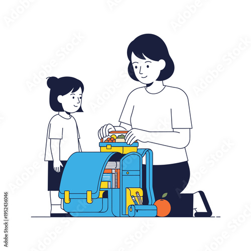 Mother and daughter preparing backpack for school.