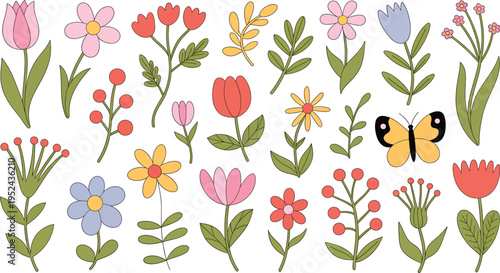 A charming collection of hand-drawn floral illustrations featuring a variety of colorful flowers and a playful butterfly, perfect for spring and summer designs