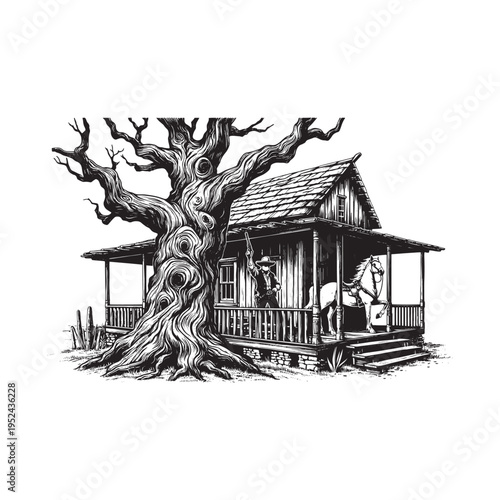 A cowboy standing on the porch of a house with a horse