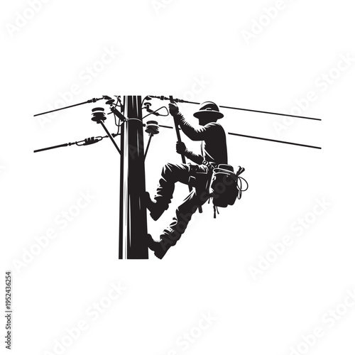 A man in a hard hat climbing a power line pole