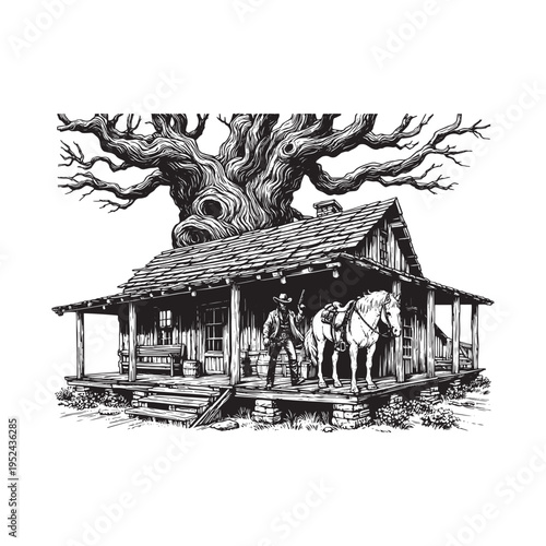 A man and his horse standing in front of a cabin