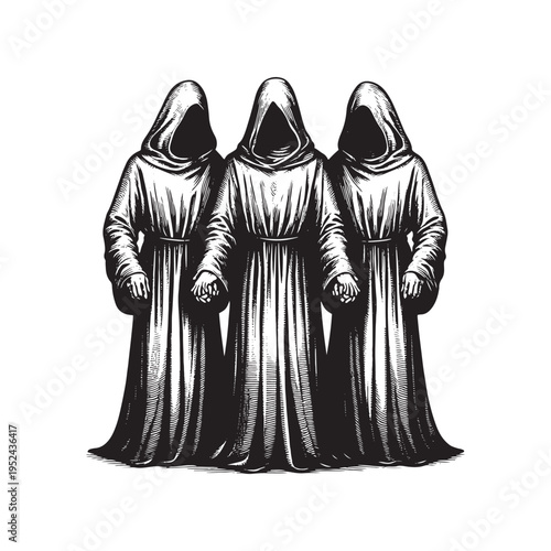 Three hooded figures in long robes standing together