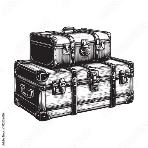 A black and white drawing of two stacked suitcases