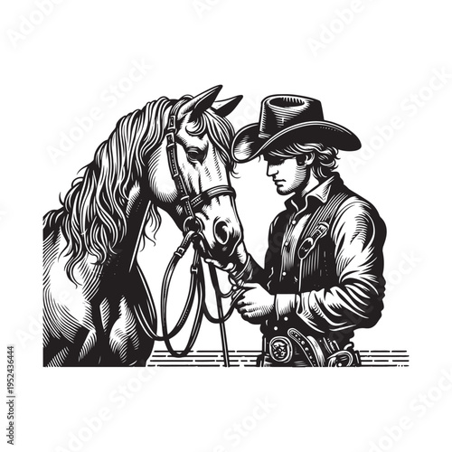 A cowboy standing next to a horse