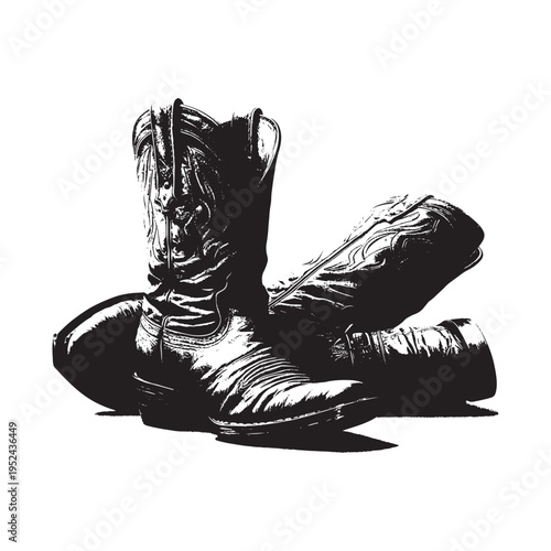 A black and white image of a pair of cowboy boots