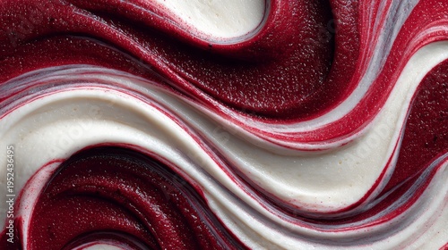 Close-up red berry coulis swirled with white cream forming flowing marbled pattern suitable for gourmet patisserie branding and culinary photography
