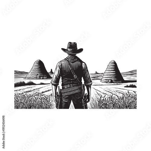 A cowboy stands in a field looking at haystacks