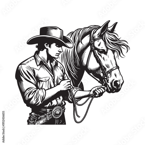 A cowboy holding a horse's lead rope